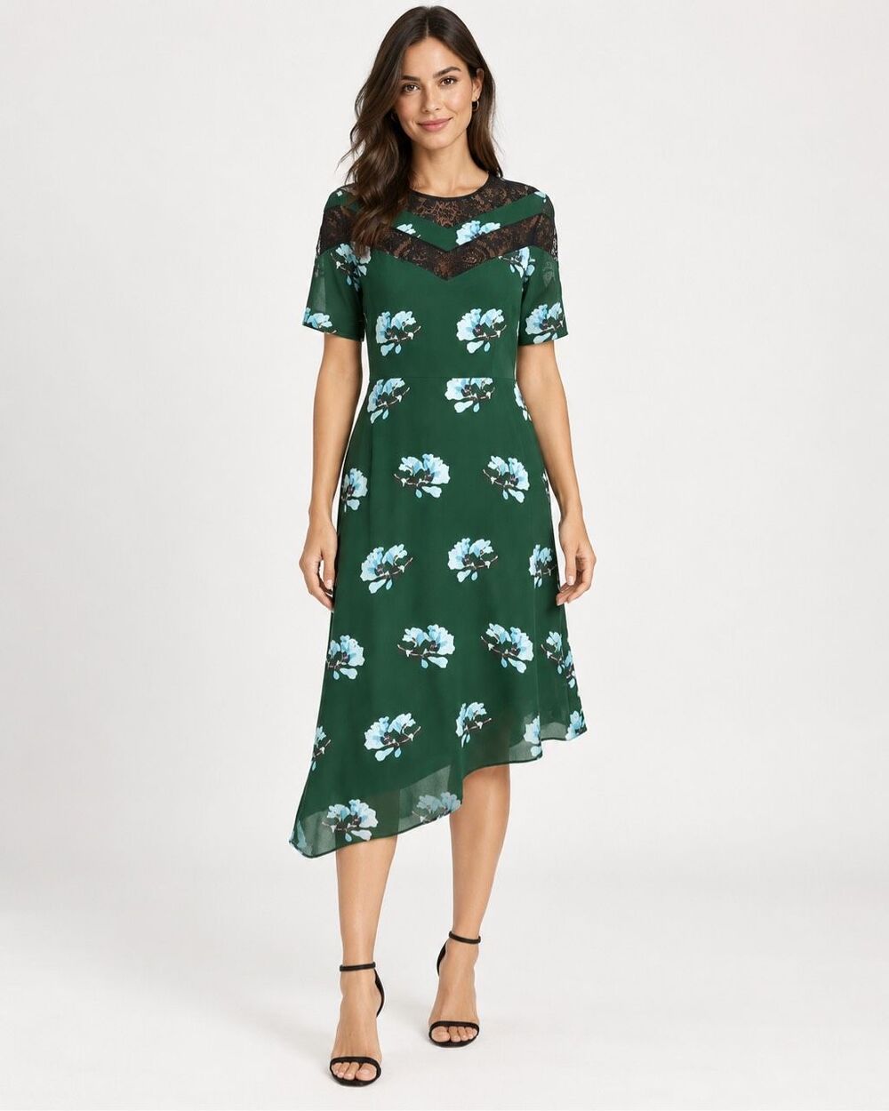 Maje Rowers Green Blue Floral Silk Blend Lace Asymmetric Midi Dress Size 1 S